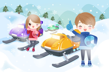 cartoon couple is snowmobiling on the moutainのイラスト素材