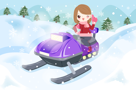 cartoon woman is snowmobiling on the moutainのイラスト素材