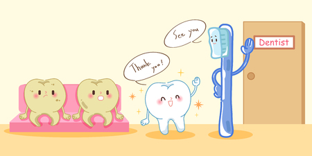 Cute cartoon tooth with health problem on yellow backgroundのイラスト素材