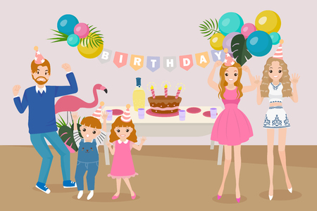 Cute cartoon family happily on birthday party.のイラスト素材