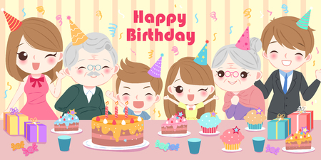 Cute cartoon family with happy birthday partyのイラスト素材