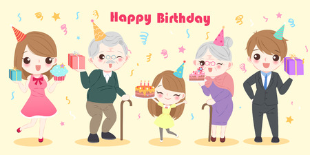 Cute cartoon family with happy birthday partyのイラスト素材