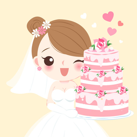 Cute cartoon bride with cake on the yellow backgroundのイラスト素材