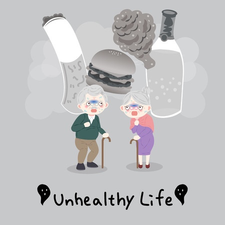 Old people with unhealthy life style on gray illustration.のイラスト素材