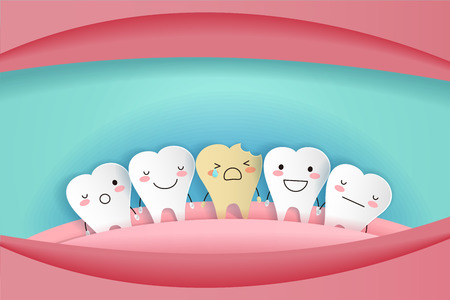 Cute cartoon teeth with dental care on the green illustration.のイラスト素材