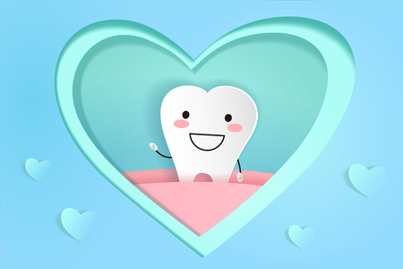 Cute cartoon tooth with dental care on green illustration.のイラスト素材
