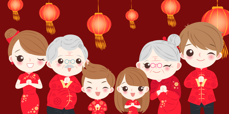 Family with Chinese new year on the red backgroundのイラスト素材