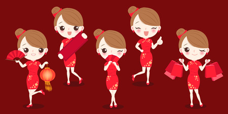 woman with chinese new year on the red backgroundのイラスト素材