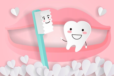 cute cartoon tooth and brush with love concept のイラスト素材