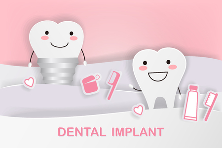 cute cartoon tooth with dental implant on the pink backgroundのイラスト素材