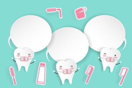 cute cartoon tooth wear brace with speech bubble on the green backgroundのイラスト素材