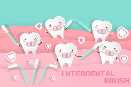 cute cartoon tooth with inter dental brush on the green backgroundのイラスト素材