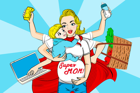 Cartoon super mom on the blue background illustration.のイラスト素材
