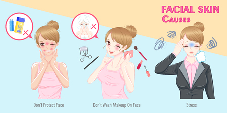 Woman with facial skin causes on the blue backgroundのイラスト素材