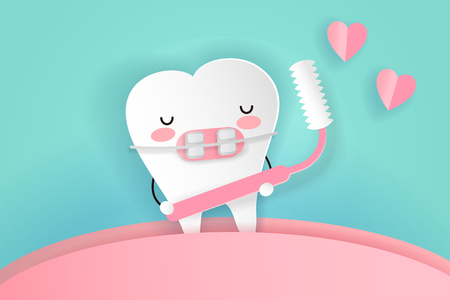 Tooth wear braces with brush on the green backgroundのイラスト素材