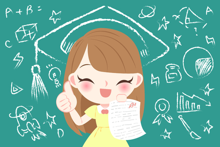Cartoon girl showing test results with A plusのイラスト素材