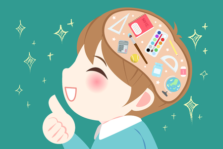 cute cartoon boy student thumb up on the green backgroundのイラスト素材
