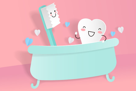 Cute cartoon tooth with brush on the pink background.のイラスト素材