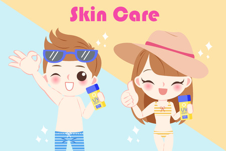 children with sun protection concept on the blue backgroundのイラスト素材