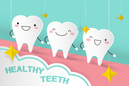 cute cartoon tooth on the green backgroundのイラスト素材