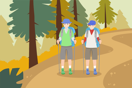 cute cartoon people go hiking in mountainsのイラスト素材