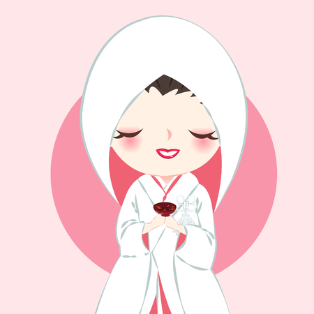 cartoon japanese wedding woman on the pink backgroundのイラスト素材