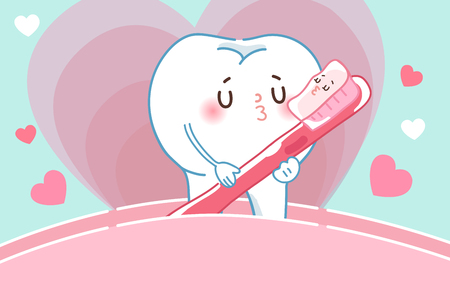 cute cartoon tooth kiss with brush on the green backgroundのイラスト素材