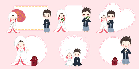cute cartoon japanese wedding couple on the pink backgroundのイラスト素材
