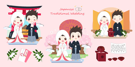 cute cartoon japanese wedding couple on the pink backgroundのイラスト素材