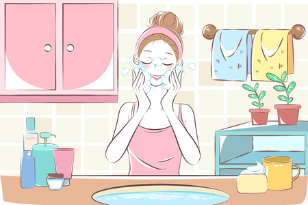cartoon woman wash face in the bathroomのイラスト素材
