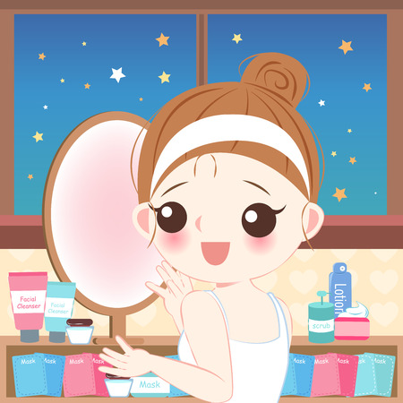 cute cartoon skin care woman with beauty conceptのイラスト素材