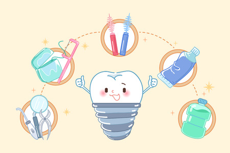 cute cartoon tooth implant on the yellow backgroundのイラスト素材