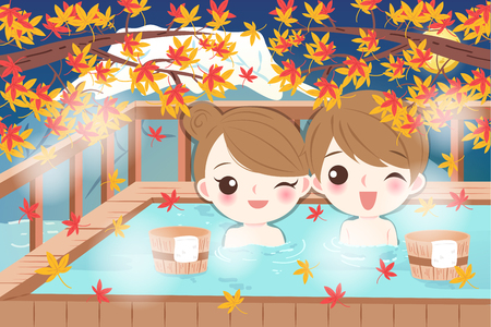 cartoon couple smile and enjoy with hot springのイラスト素材