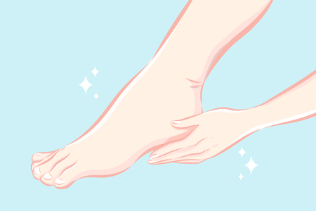 beauty woman touch her foot heel with blue backgroundのイラスト素材