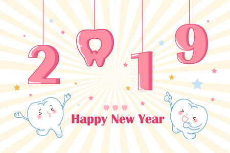 cartoon tooth with 2019 on the yellow backgroundのイラスト素材