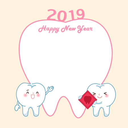 tooth with 2019 year and empty copy space on the yellow backgroundのイラスト素材