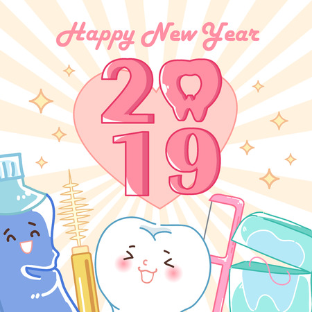 cartoon tooth hold 2019 on the yellow backgroundのイラスト素材