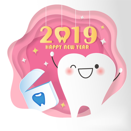 happy new year concept - cartoon tooth and dental floss with 2019のイラスト素材