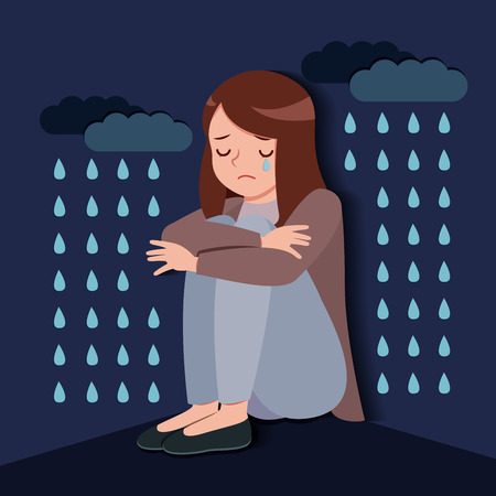 upset and depressed woman with falling rainのイラスト素材