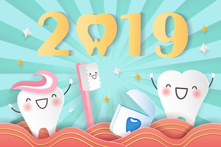 happy new year concept - cartoon tooth and brush with 2019のイラスト素材