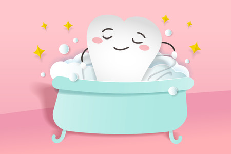 dental care concept - cartoon teeth enjoy bath with the pink backgroundのイラスト素材
