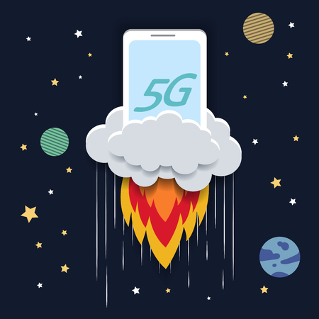 5G technology concept - Smart phone is flying in the sky like a rocketのイラスト素材