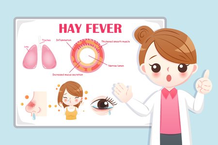 cute cartoon doctor introduce feature of hay fever on the blue backgroundのイラスト素材