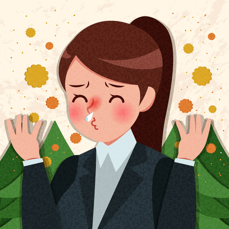 Woman being allergic and having hay fever with yellow backgroundのイラスト素材