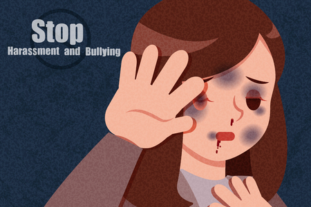 cartoon violence against woman feel scared on dark backgroundのイラスト素材