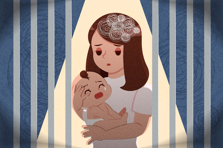 postpartum depression concept - mother feel depressed with baby with the dark backgroundのイラスト素材