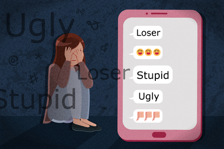 sad girl has problem of mockery and bullying on the Internetのイラスト素材