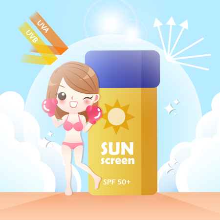 the cute cartoon girl with sunscreen protectedのイラスト素材