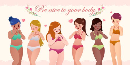 Multiracial women of different height and figure type heart from hands in swimsuits standing in rowのイラスト素材