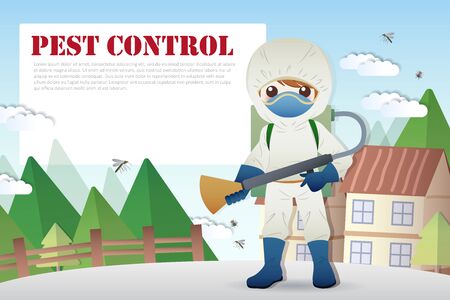 pest control service with insects exterminator and textbox outside the houseのイラスト素材
